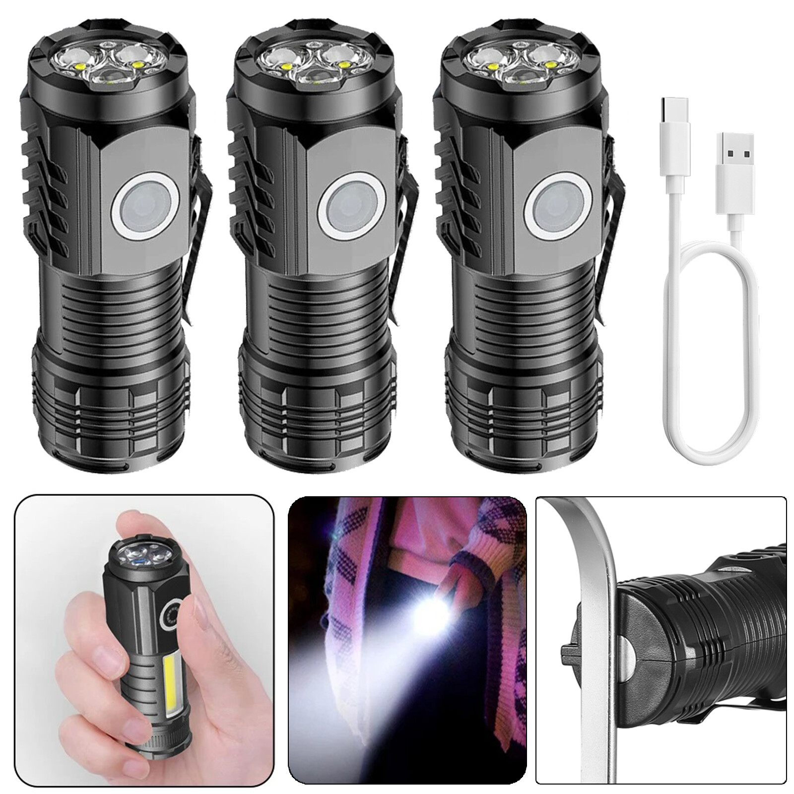 3Pcs Super Bright LED Tactical Military Flashlight Rechargeable Work Light Torch gallery