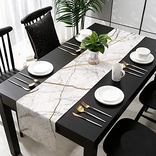 Marble Table Runner-Cotton Linen-Small 36 inches White Gray Gold Dresser gallery