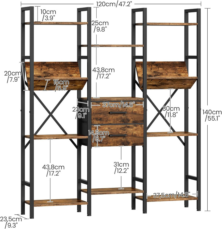 Rustic Brown & Black 3-Column Bookcase with Drawers and V-Shaped Shelves gallery