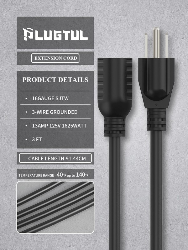 PLUGTUL 3 FT Extension Cord, Short Power Cord, Black Indoor/Outdoor 16 Gauge 3 P gallery