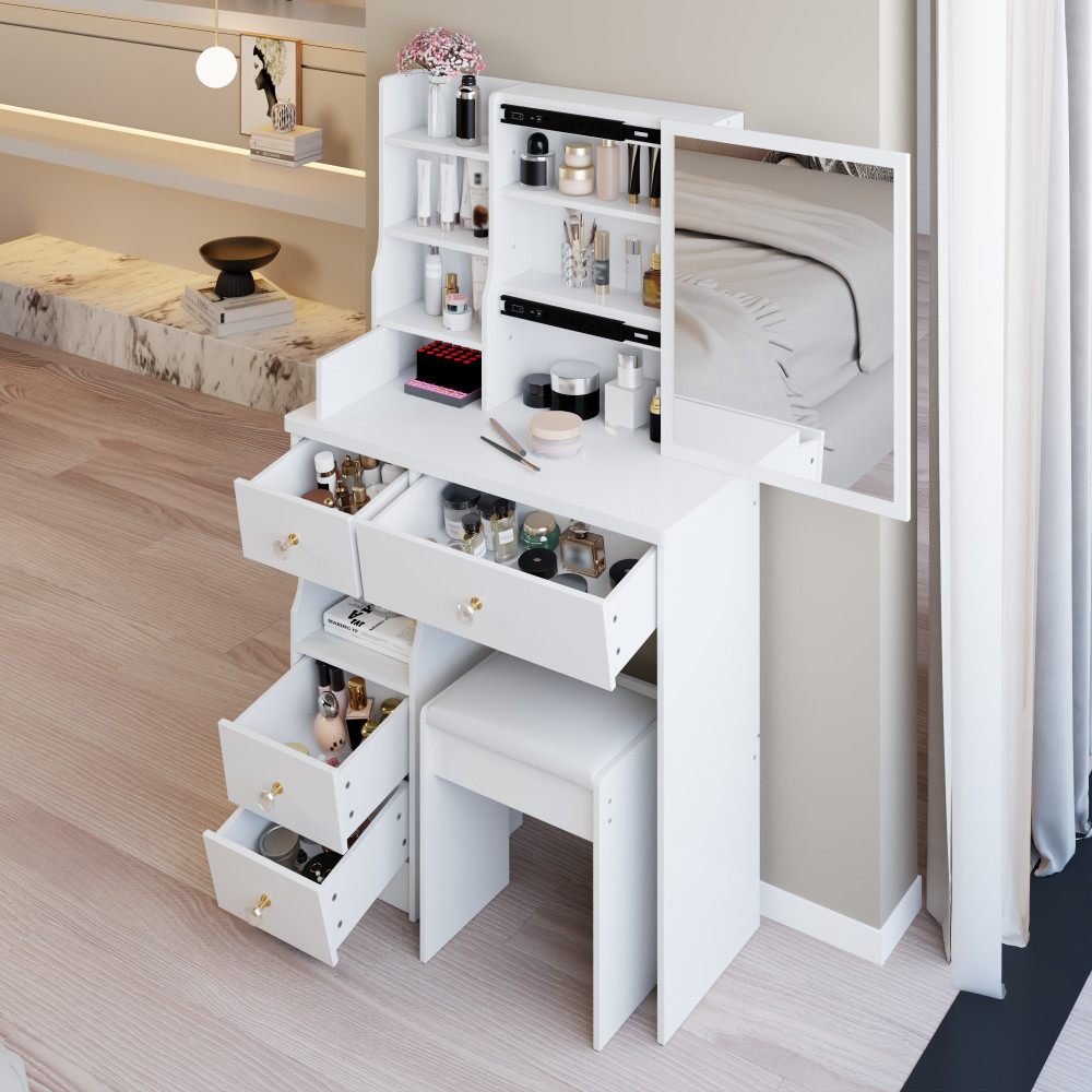 29.2" Small Space Left Drawer Desktop Vanity Table + Cushioned Stool gallery