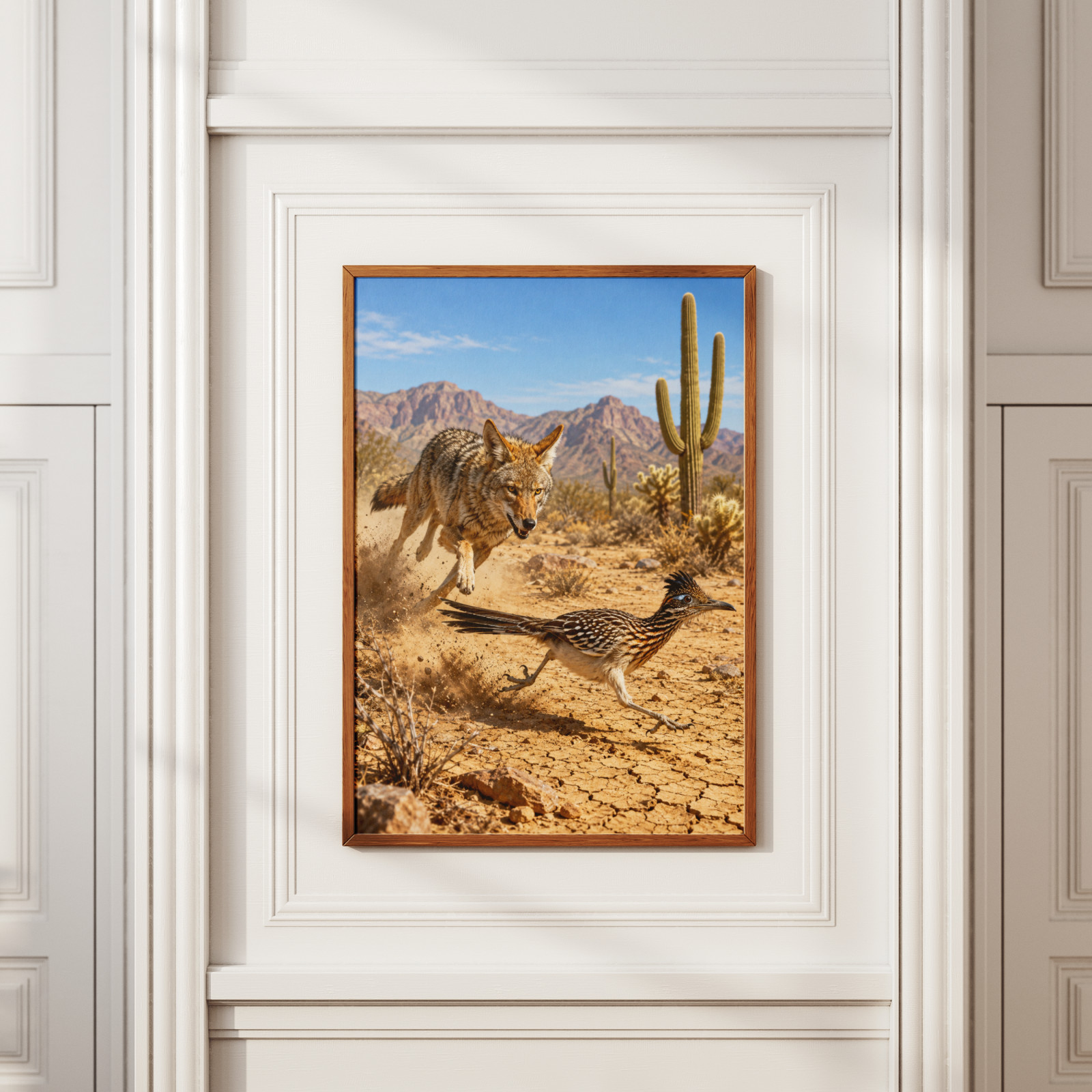 Coyote Chasing Roadrunner Poster Realistic Desert Saguaro Cactus Wall Art Print gallery