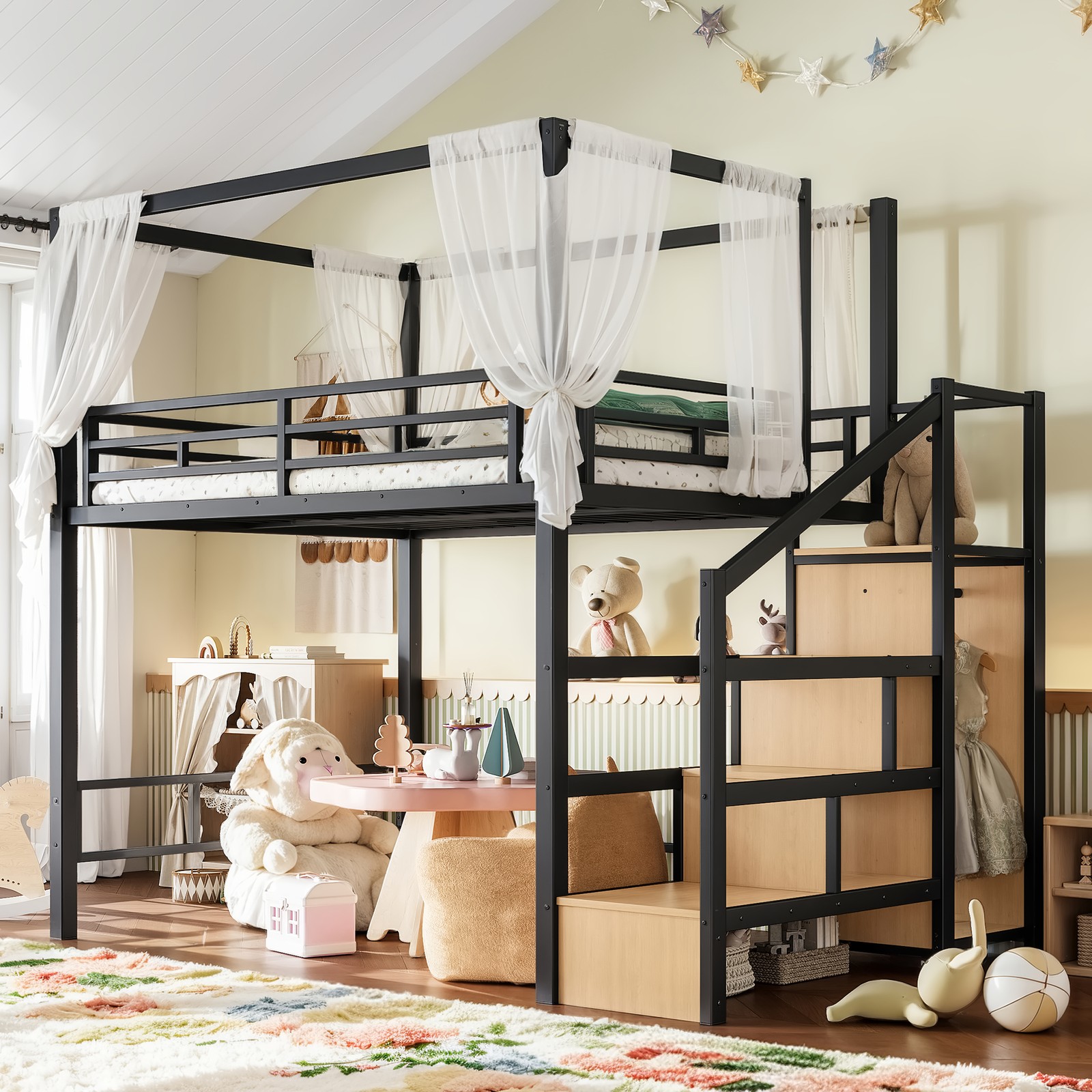 Full Loft Bed with Storage Stairs and Wardrobe, Metal Loft Bed with Canopy Frame gallery