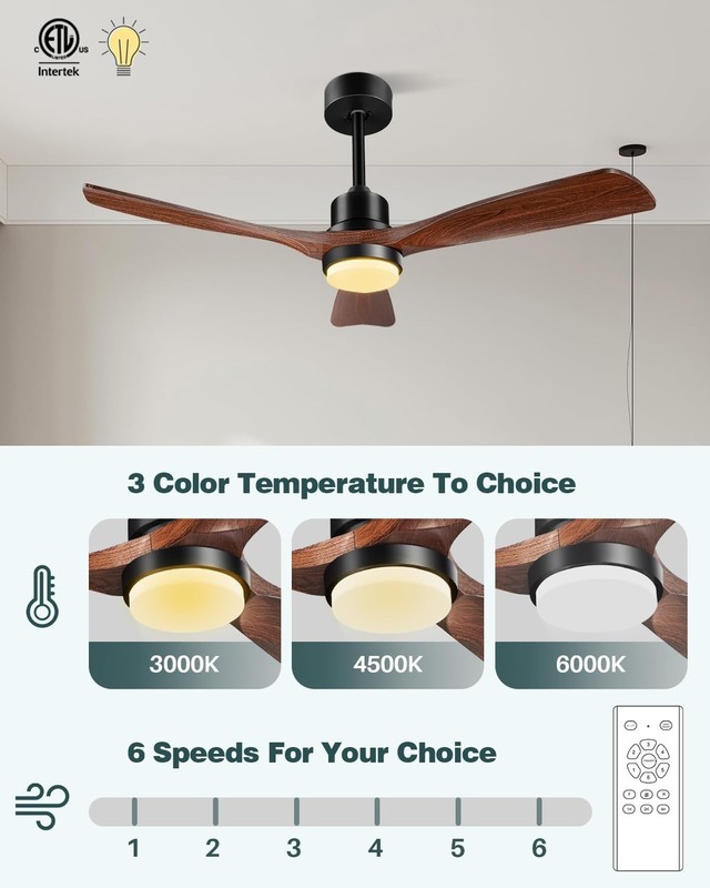 Ceiling Fan with Light and Remote 52 Inch Outdoor Indoor Walnut Solid Wood Blade gallery