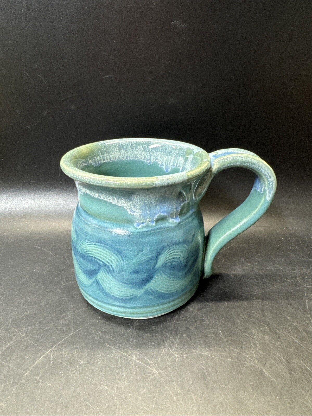 Studio Pottery Coffee Mug Cup Blue Green Wave Design Signed Beach Salt Life gallery
