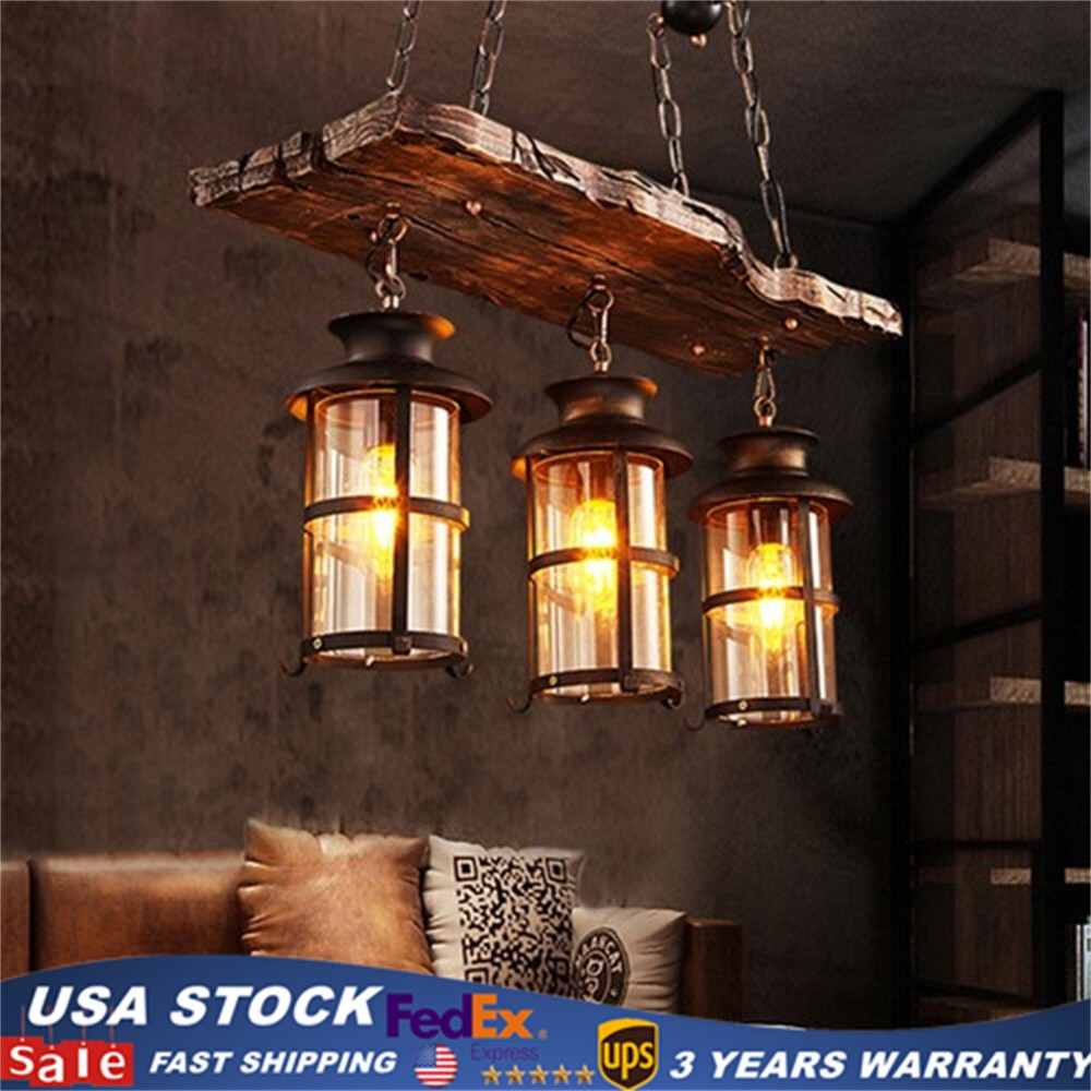 3-Light Farmhouse Loft Rustic Chandelier Wood Pendant Ceiling Light Fixture Lamp gallery