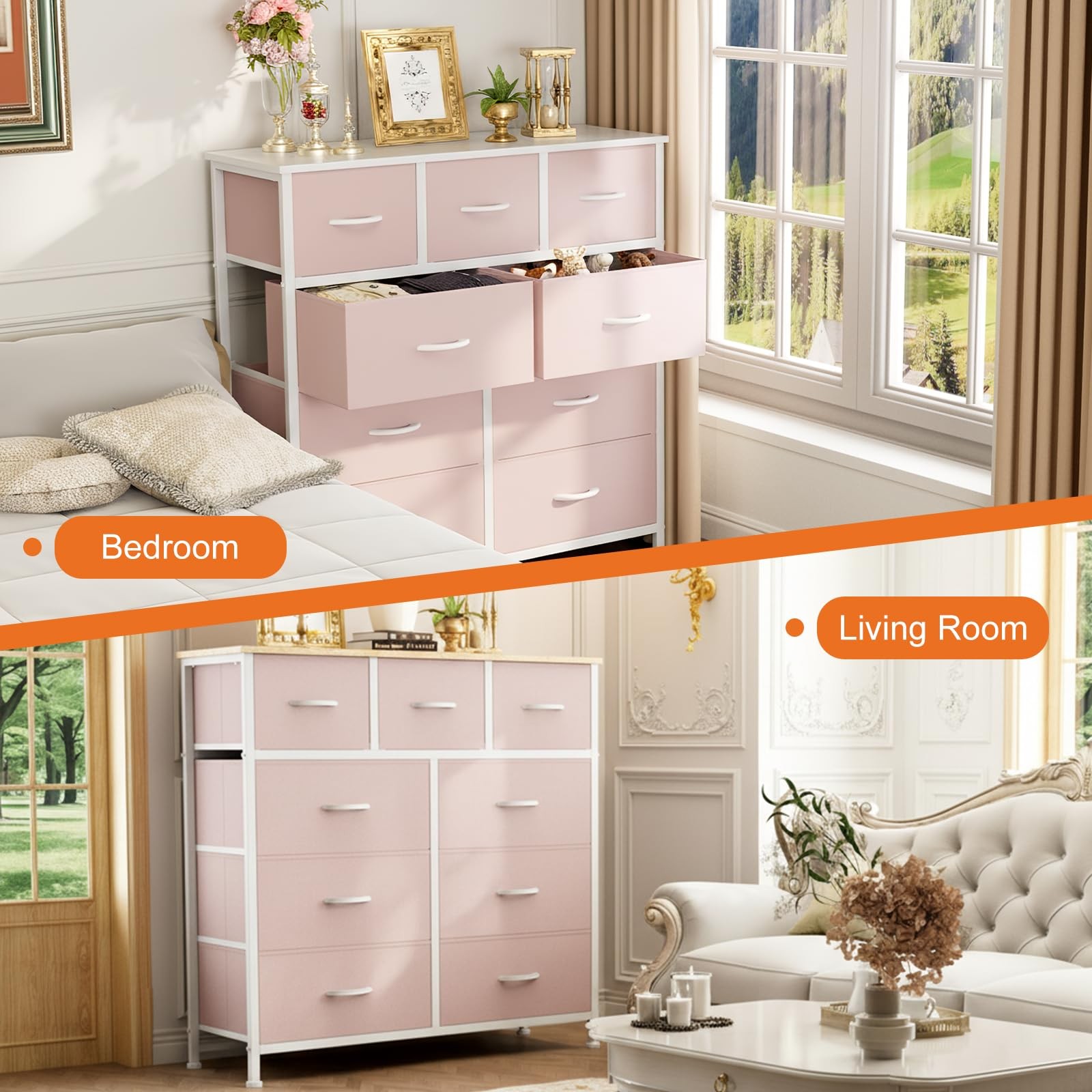 Fabric Dresser 9 Drawer Storage Tower Pink Wood Top Steel Frame CAB-9BC Chest gallery