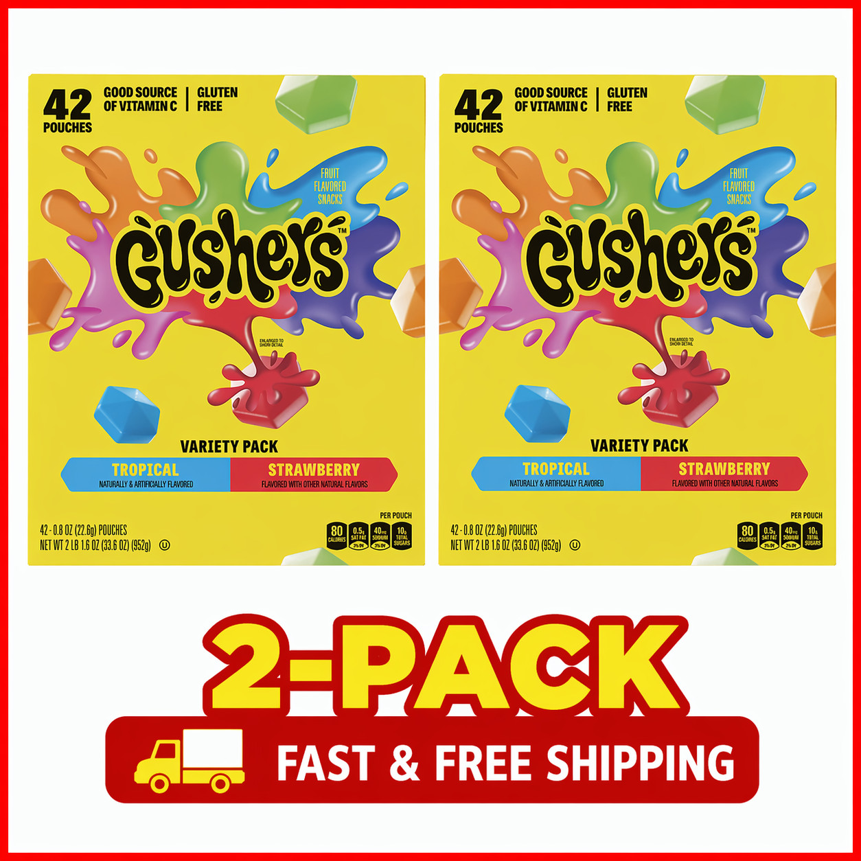 2-Pack Fruit Gushers Fruit Flavored Snacks, Variety Pack, 0.8 oz, 42-Count gallery