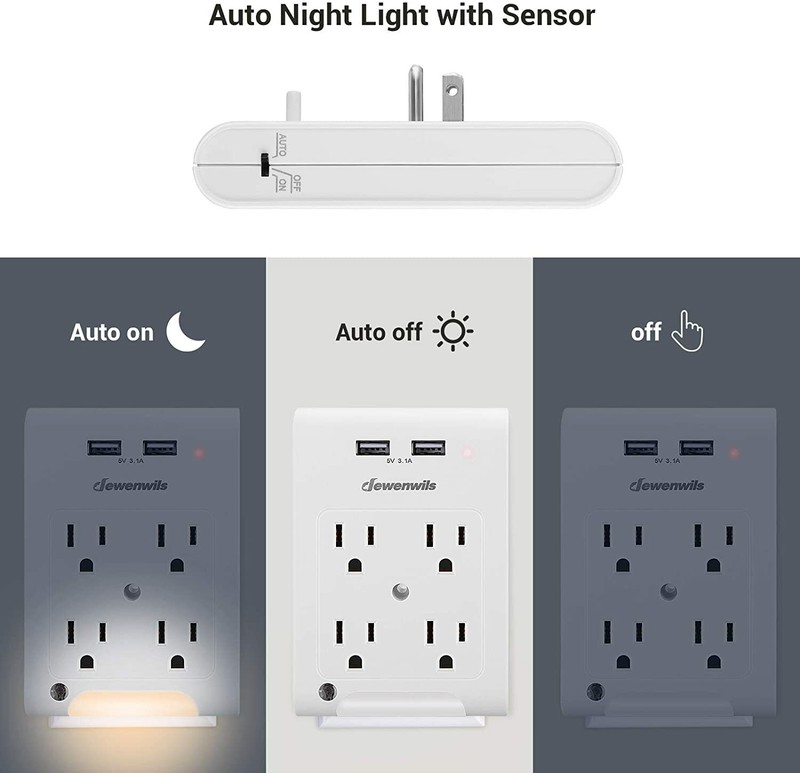DEWENWILS Wall Plug Outlet Adapter with 2 USB Ports Light Sensor Night Light gallery