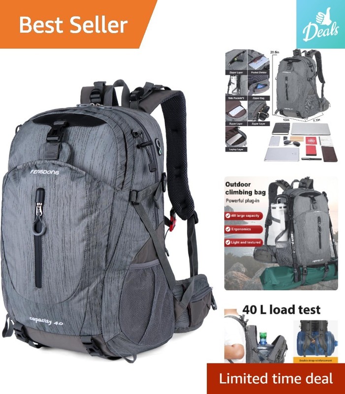 Gray Waterproof Travel & Hiking Backpack – 40L with Multiple Compartments
