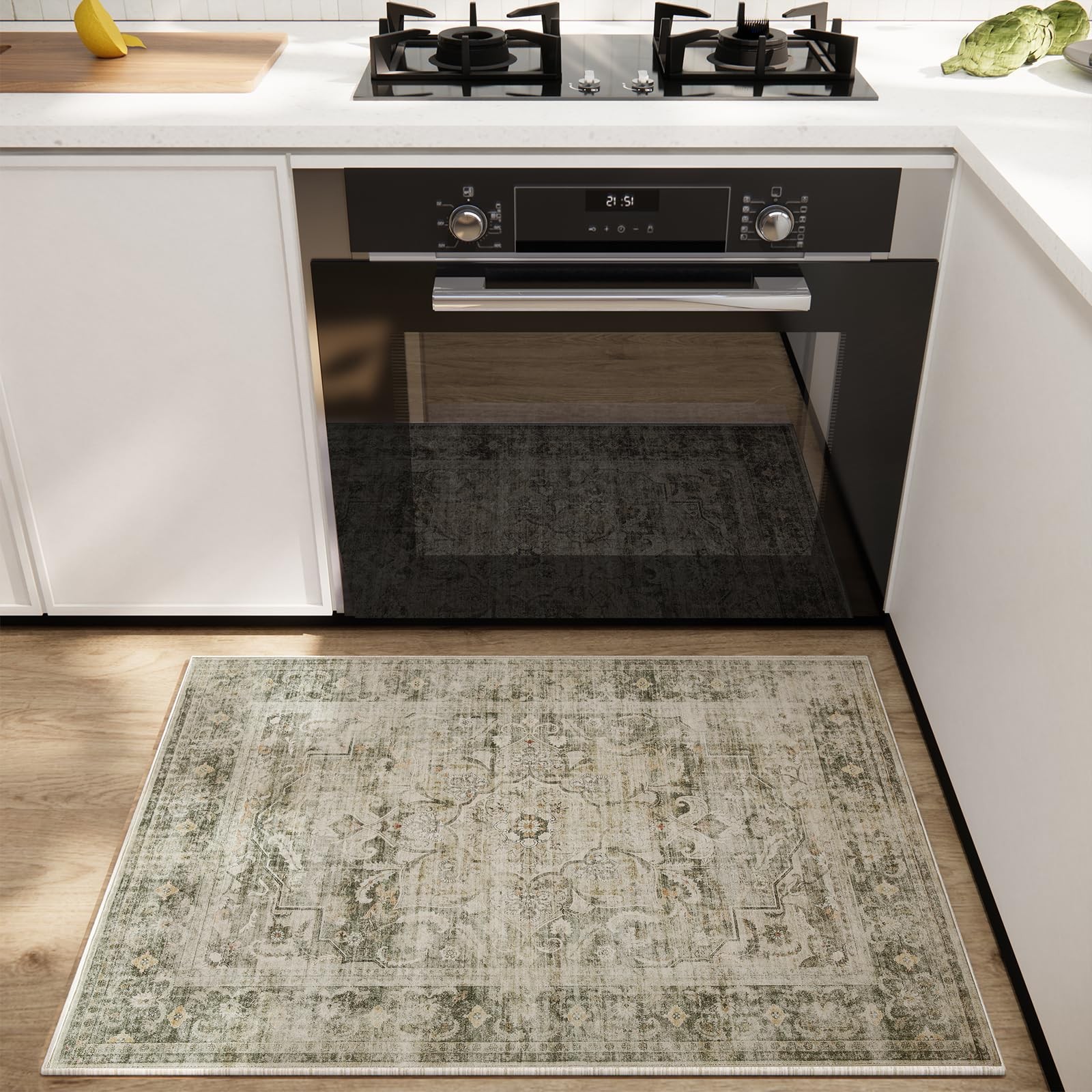 2x3 Washable Area Rugs for Entryway: Small Boho 2' x 3' (Rectangular), Green gallery