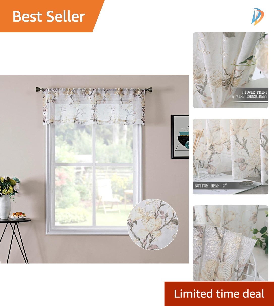 Charming Floral Embroidery Sheer Valance - White, 54x16 Inches Window Treatment gallery