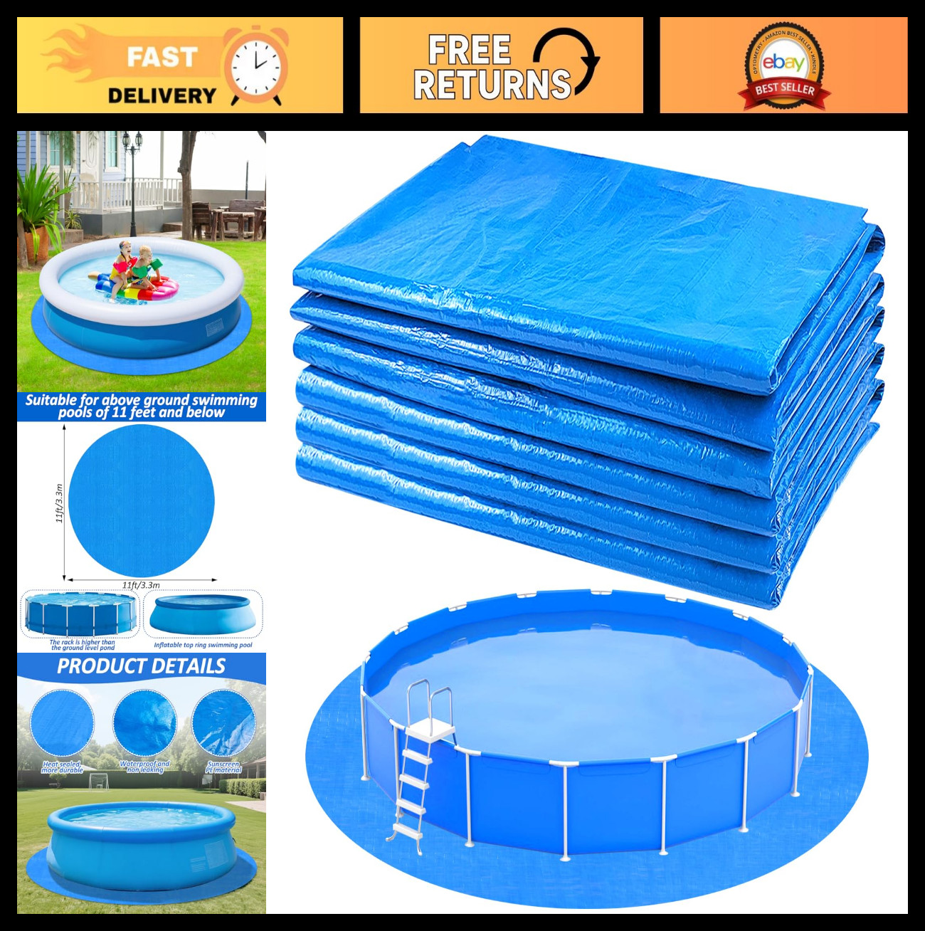 11Ft Round Pool Ground Cloth - Heavy Duty Liner Pad for Above Ground Pools, Punc gallery
