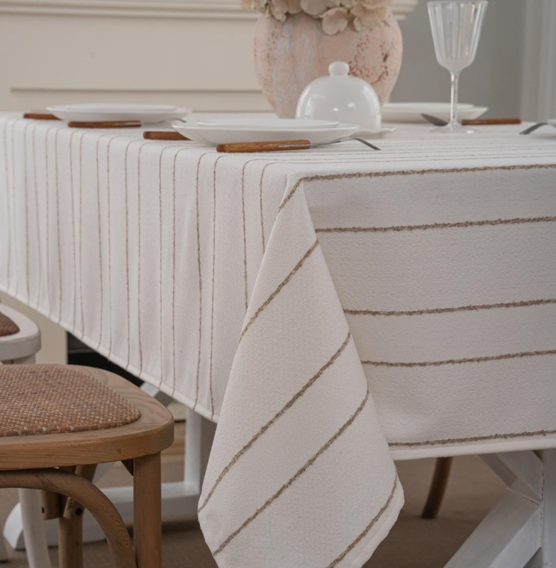 White Rectangle Tablecloth 55x86 Inch, Cotton Linen Polyester Blend Stripes T... gallery
