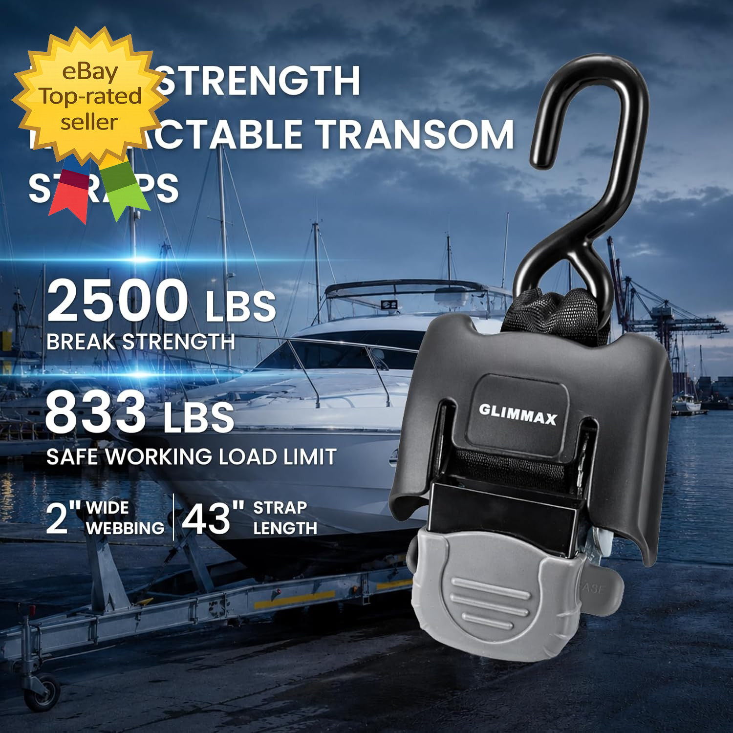 Retractable Boat Tie Down Straps 43 Inch 2500 Lbs Marine Ratchet Straps Set gallery