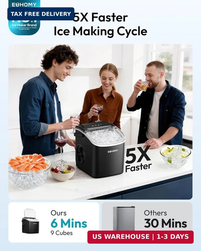 EUHOMY Countertop Ice Maker Machine with Handle, 26lbs in 24Hrs, 9 Ice Cubes Rea gallery