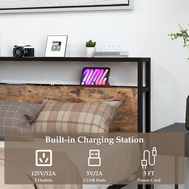Queen Size Industrial Platform Bed Frame with Charging Station Storage Headboard gallery