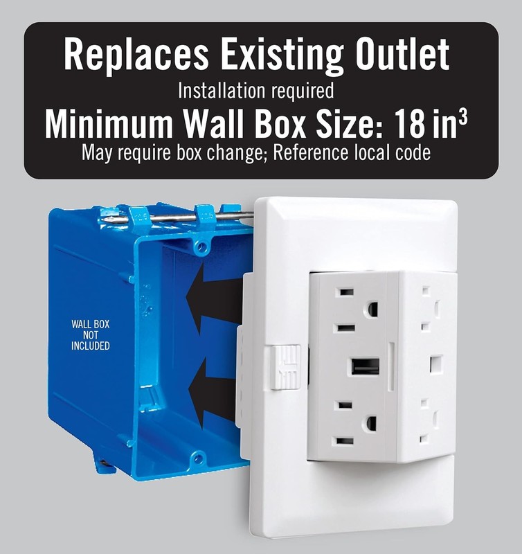 theOUTlet Basic 15 Amp 125 Volt Permanent Outlet Extender 4 + 2 USB Ports White gallery