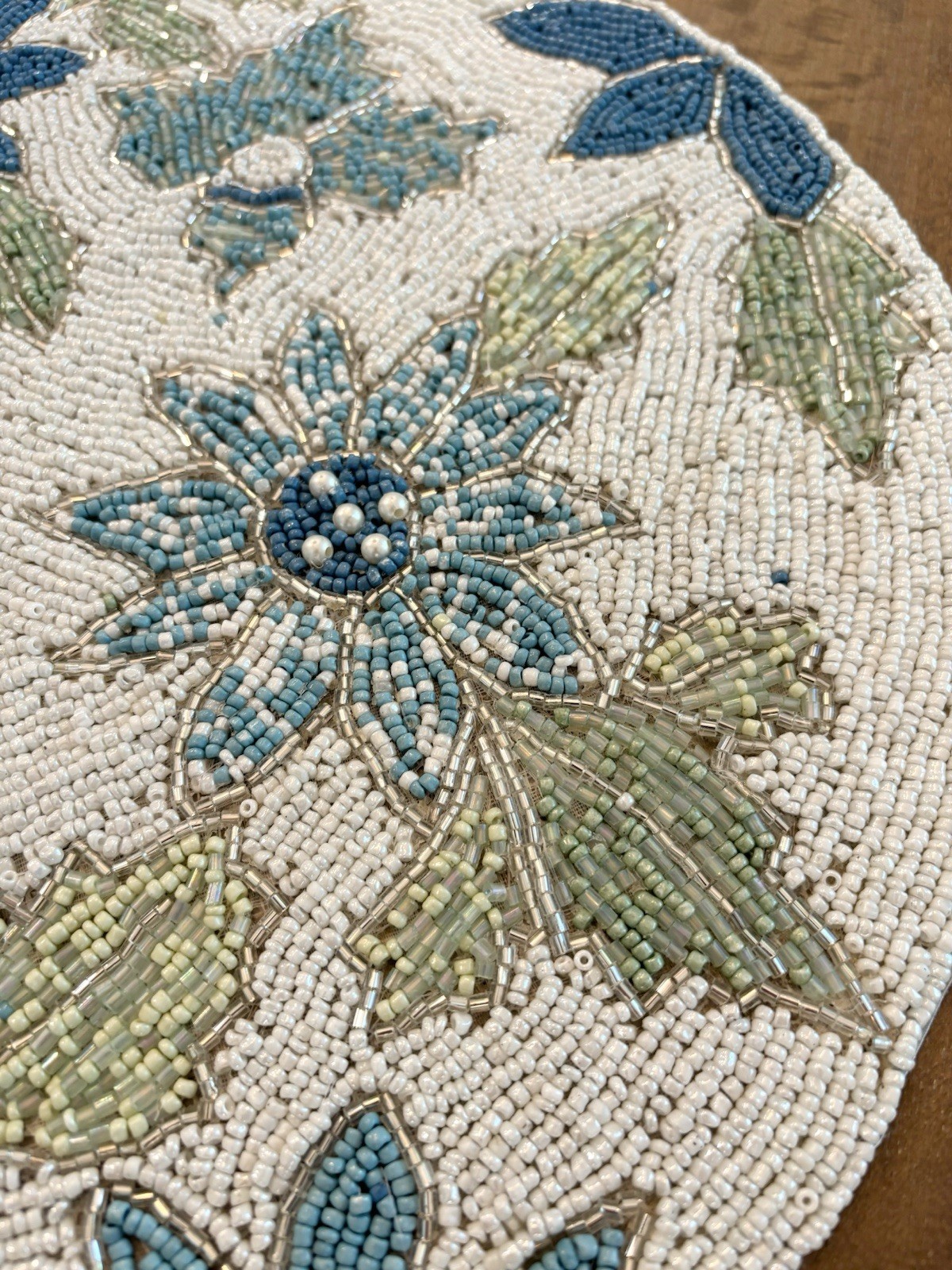 Spring Summer Blue Flowers Beaded Placemat Charger Tahari 15.5" Round - NEW gallery