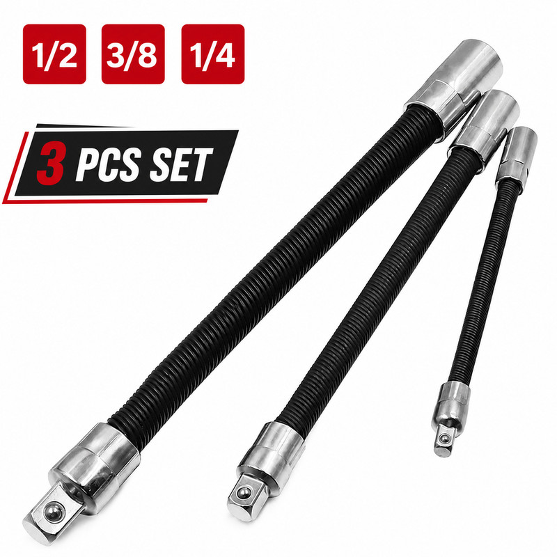 3-Piece Flexible Socket Extension Bar Set 1/2" 1/4" 3/8" Shaft Drive 10" 8" 6" gallery