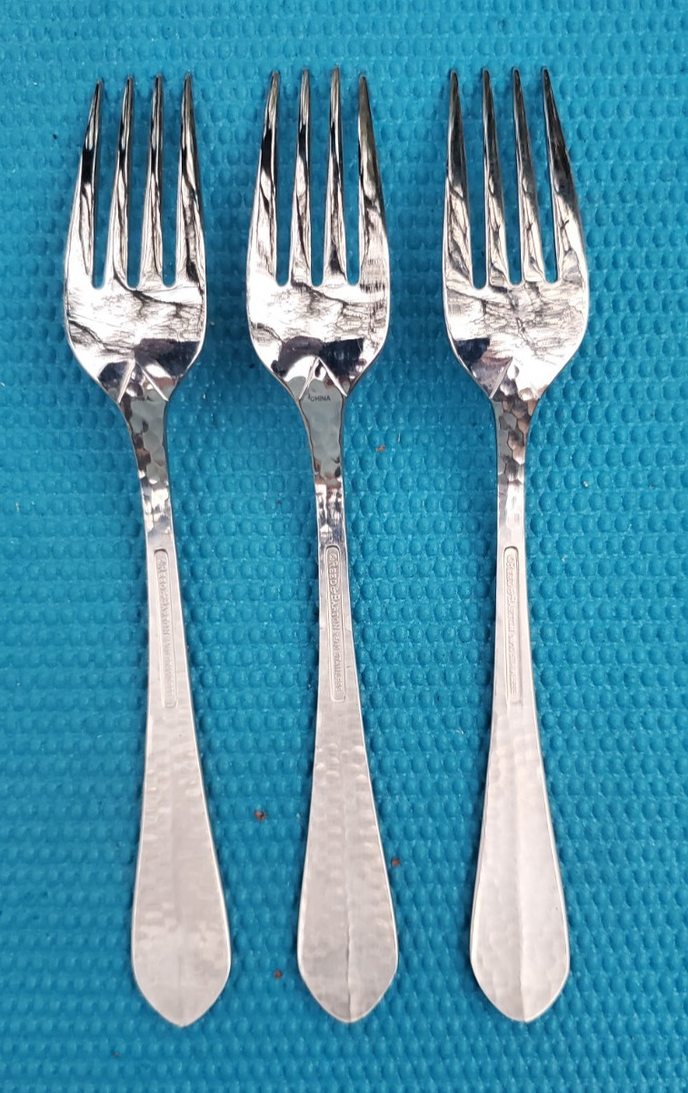 3-Reed & Barton Hammered Antique 18/8 Stainless DINNER FORKS 7 7/8" gallery