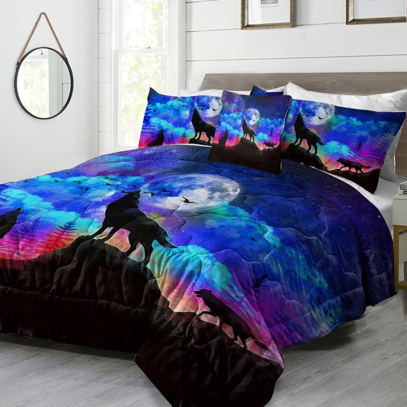 4pcs Wolf Comfoter Set Queen King Size, Evening Moon Wolf Howl Boys Bedding Set gallery