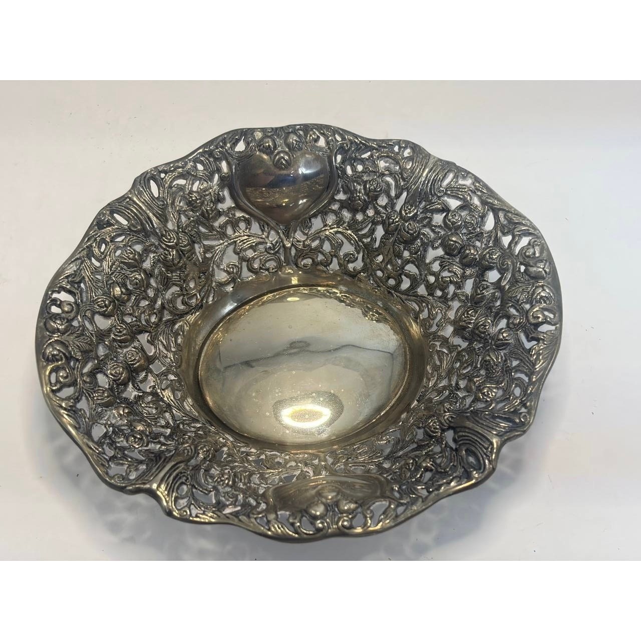 Vintage Silver Tone Repousse Floral Reticulated Decorative Bowl Candy Dish 6" gallery