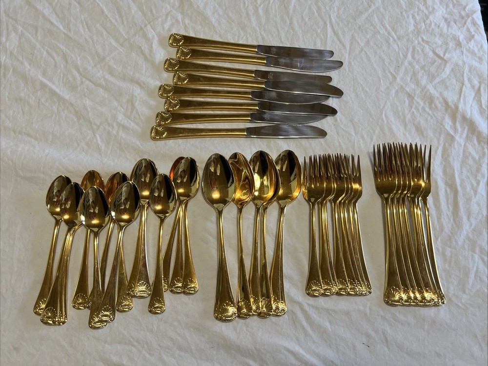 Vintage Japan Shell Pattern Gold Flatware Set 48 Piece Service For 8 16 Teaspoon