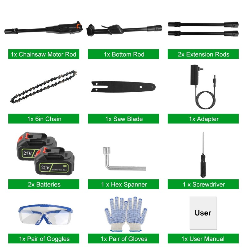 Cordless Pole Saw Chainsaw with Extension Rods 2Pcs 21V Rechargeable Batteries gallery