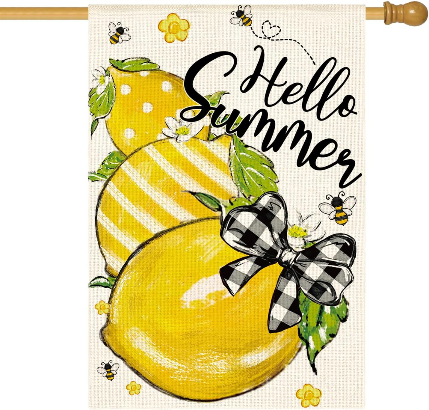 Hello Summer House Flag 28X40 Inch Double Sided Outside, Lemon Bee Rustic Season gallery
