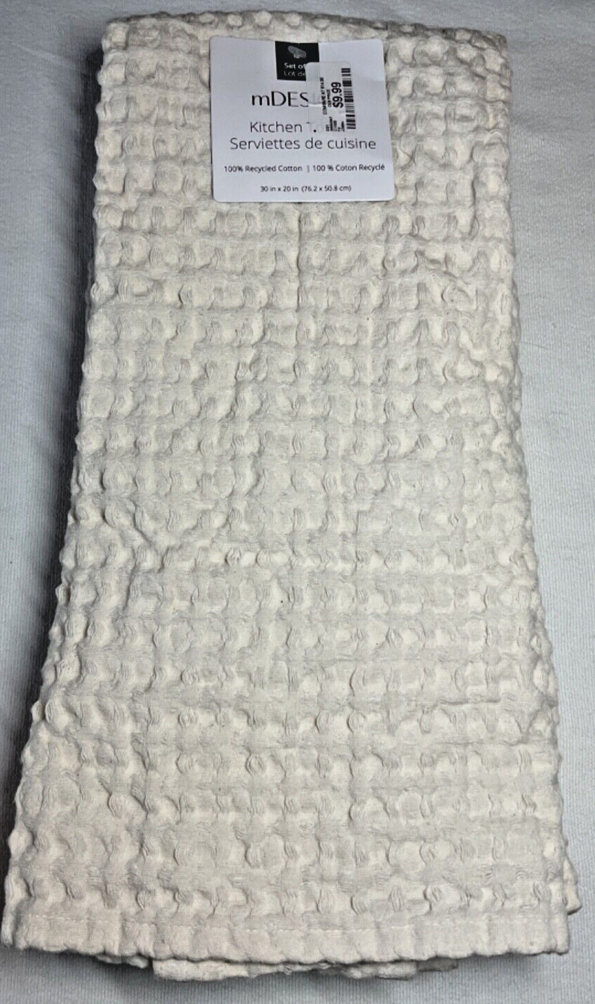 MDESIGN KITCHEN TOWELS (2) CREAM WAFFLE 30 X 20 100% RECYCLED COTTON NIP gallery