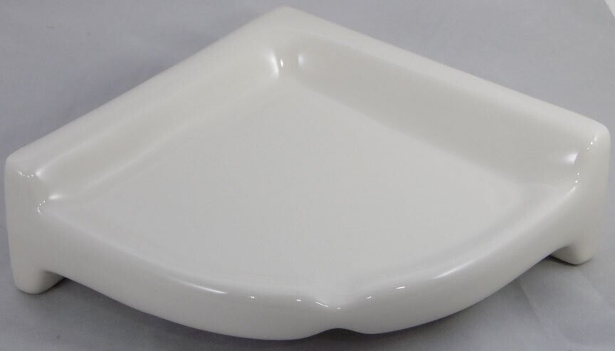 Large Ceramic Corner Shower Shelf, Thinset Mount Two Holed White Beige