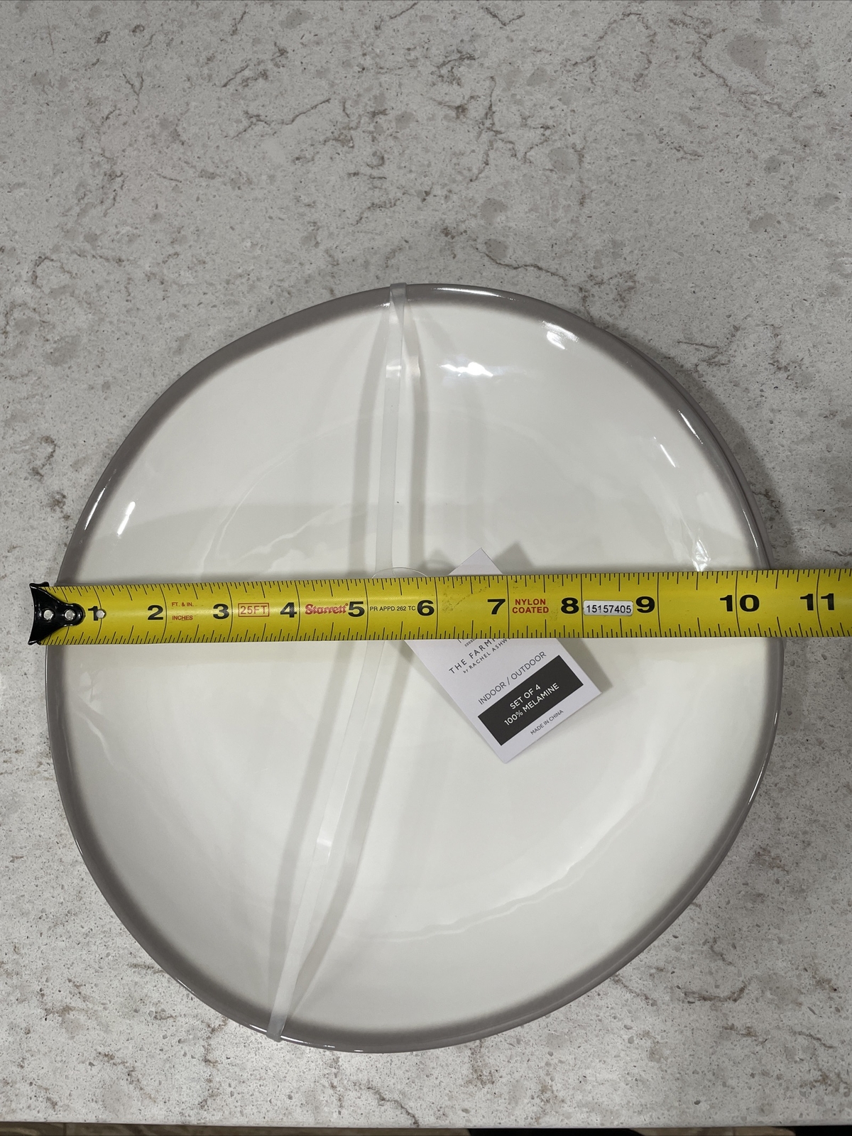 Set 4 WHITE TAUPE GRAY RIM 10.5” DINNER Plates MELAMINE Farmhouse / Panama Jack gallery