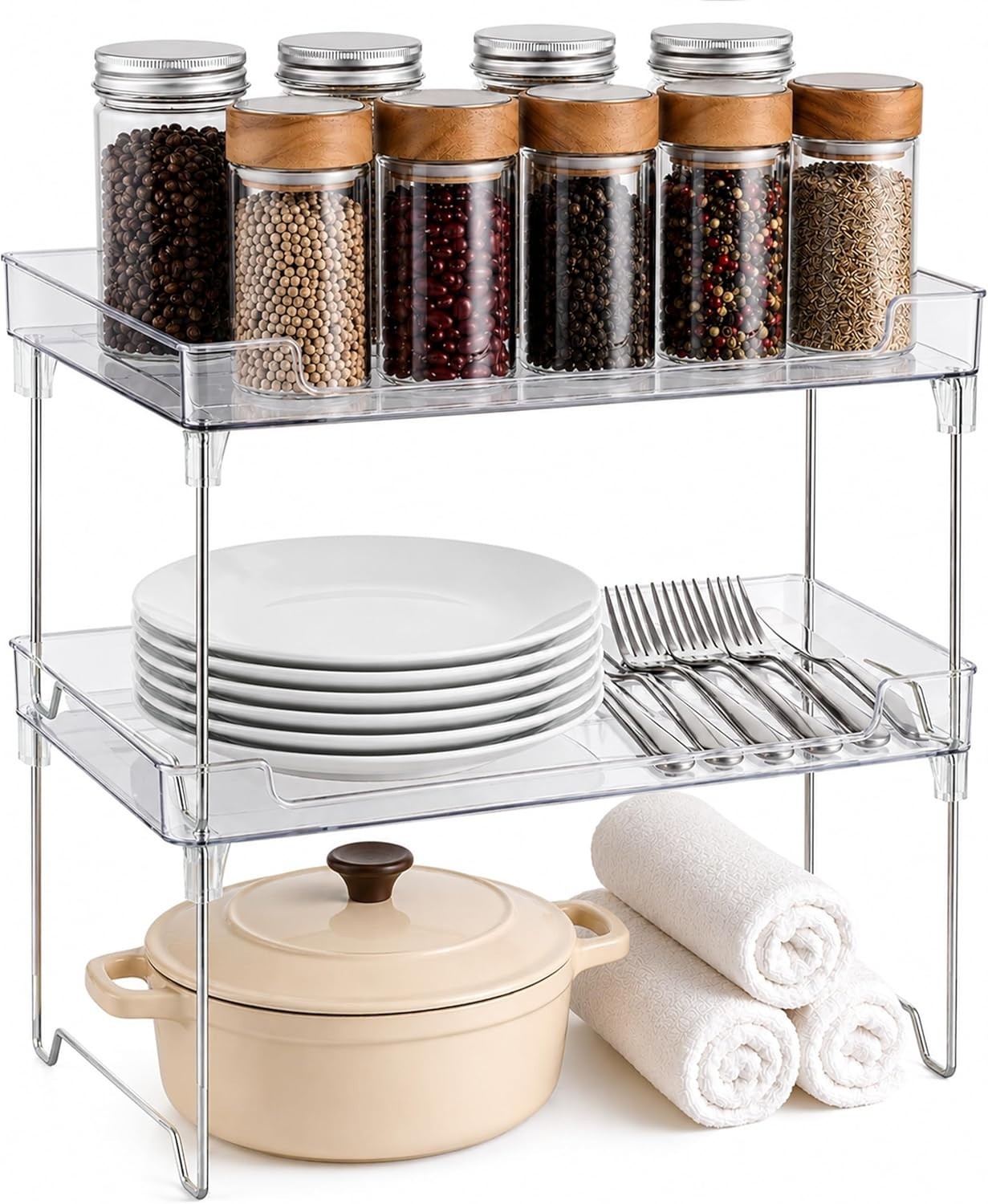 2-Pack Clear Stackable Foldable Shelf Kitchen Counter Cabinet Organizer Storage gallery