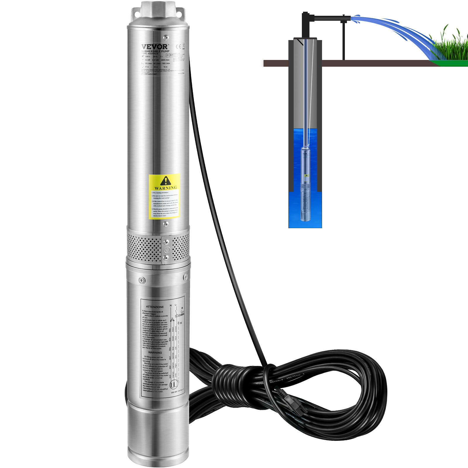 VEVOR Deep Well Submersible Pump Stainless Steel Water Pump 1HP 115V 37GPM 207ft gallery