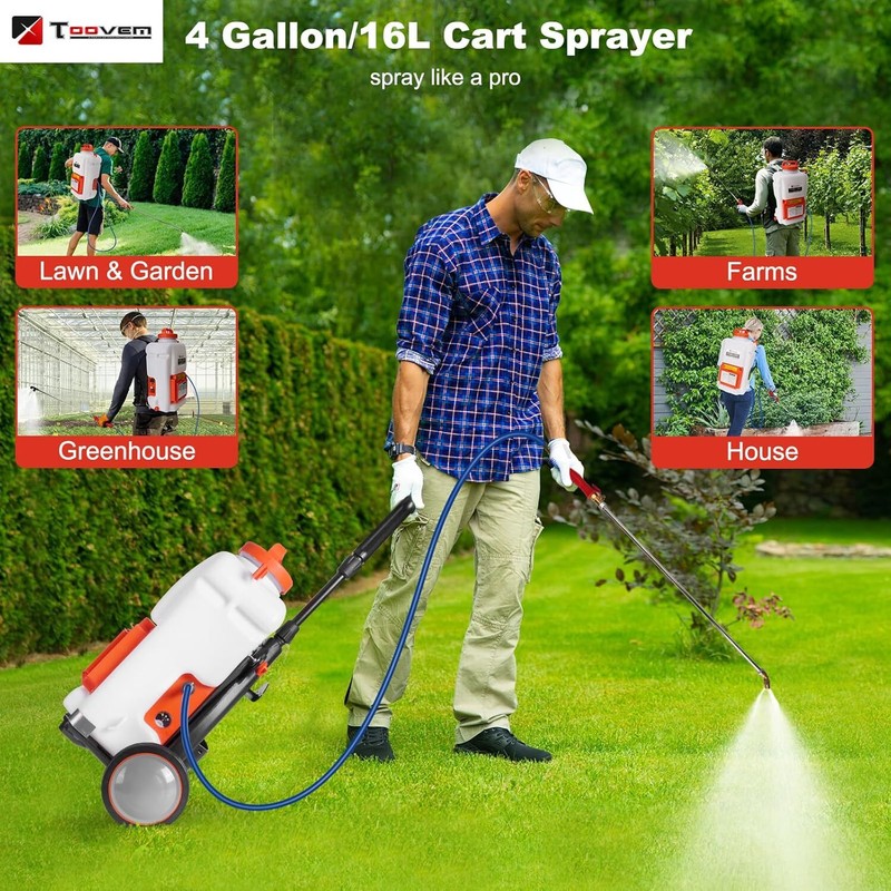 TOOVEM Battery Powered Backpack Sprayer w/ Wheel 4 Gal Tank 0-94 PSI Adjustable gallery