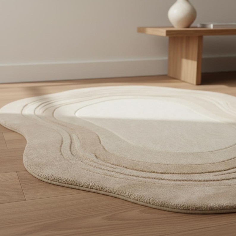 Hand Tufted Irregular Shape Rug – Minimalist Beige Area Rug, Tufted Wool Carpet gallery