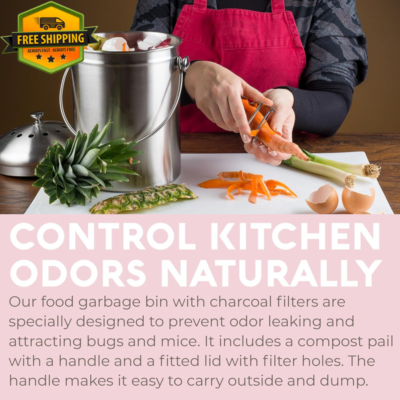 1.3 Gallon Stainless Steel Kitchen Compost Bin with Lid Carbon Filters gallery