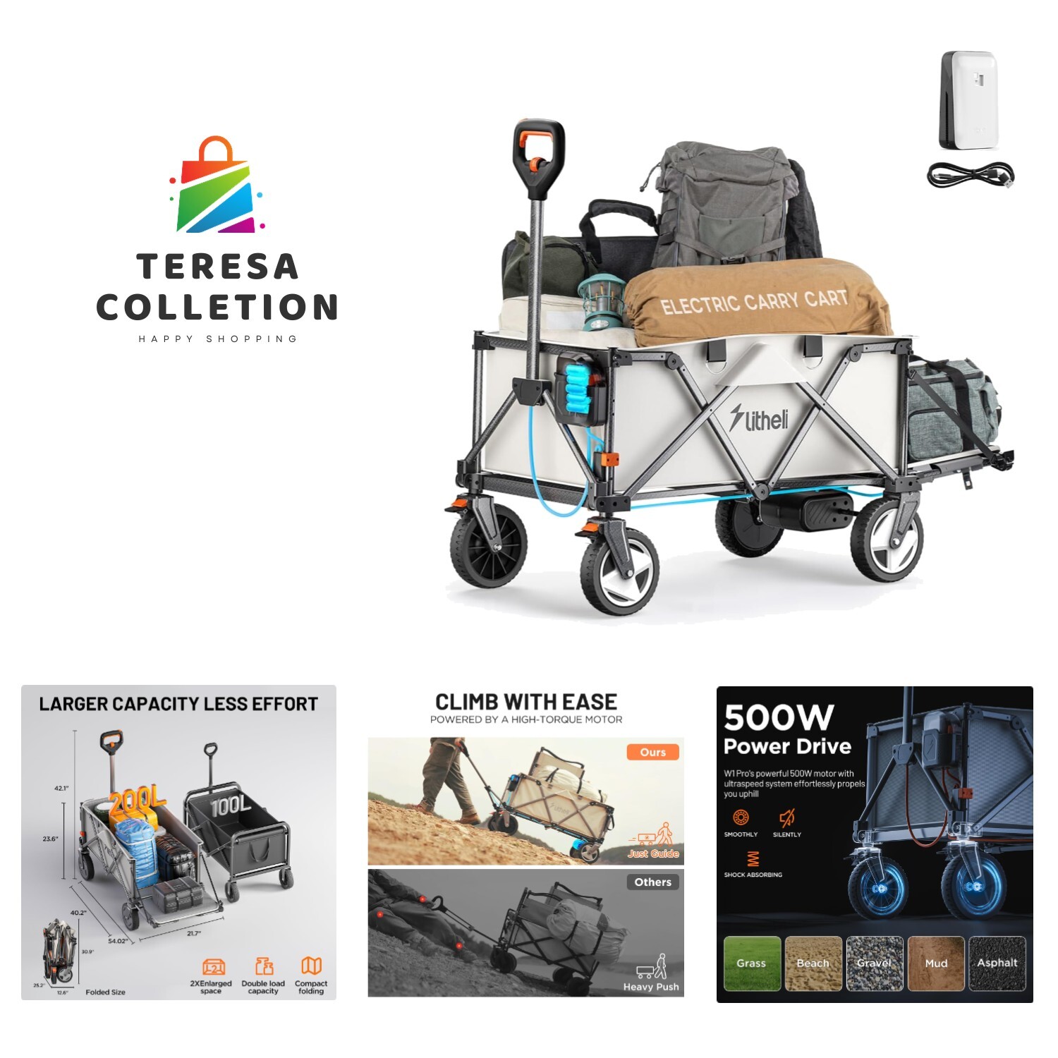 Electric Utility Wagon Cart, 200L Capacity, 300 lbs Load, Foldable Heavy-Duty... gallery