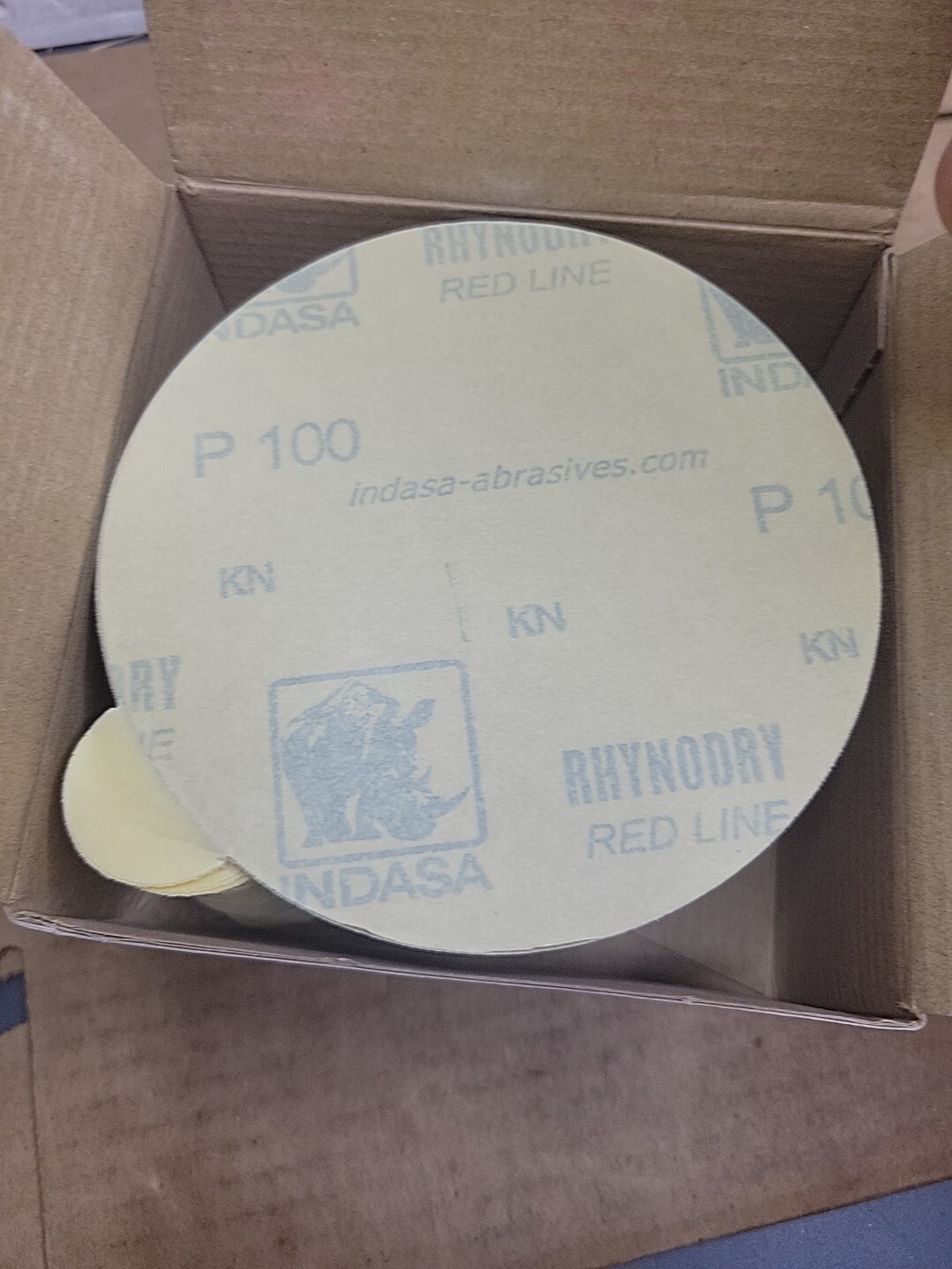 Qty: 100 INDASA 5" RHYNOSTICK REDLINE PSA SOLID SANDING DISCS, 500 SERIES P 100 gallery