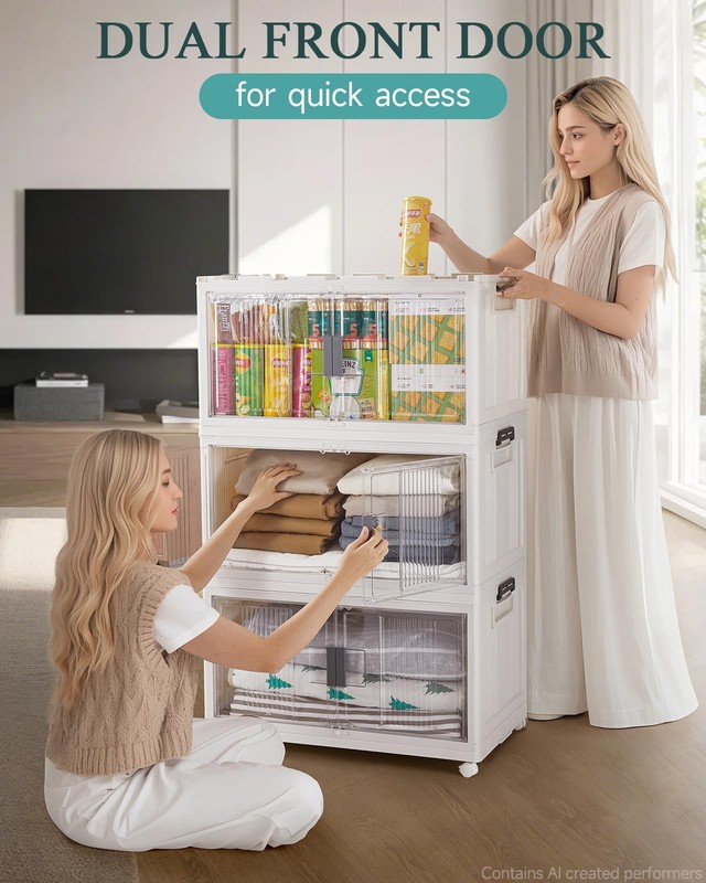 97QT Stackable Lockable Storage Bins with Lids - Folding Cabinet with Doors &... gallery