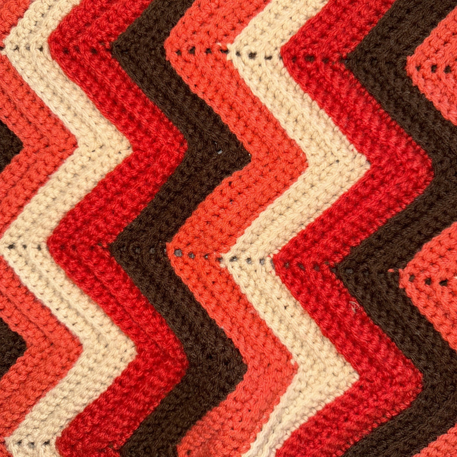 Vtg Handmade Crocheted Afghan throw Blanket Orange Red Brown Cream Zig Zag gallery