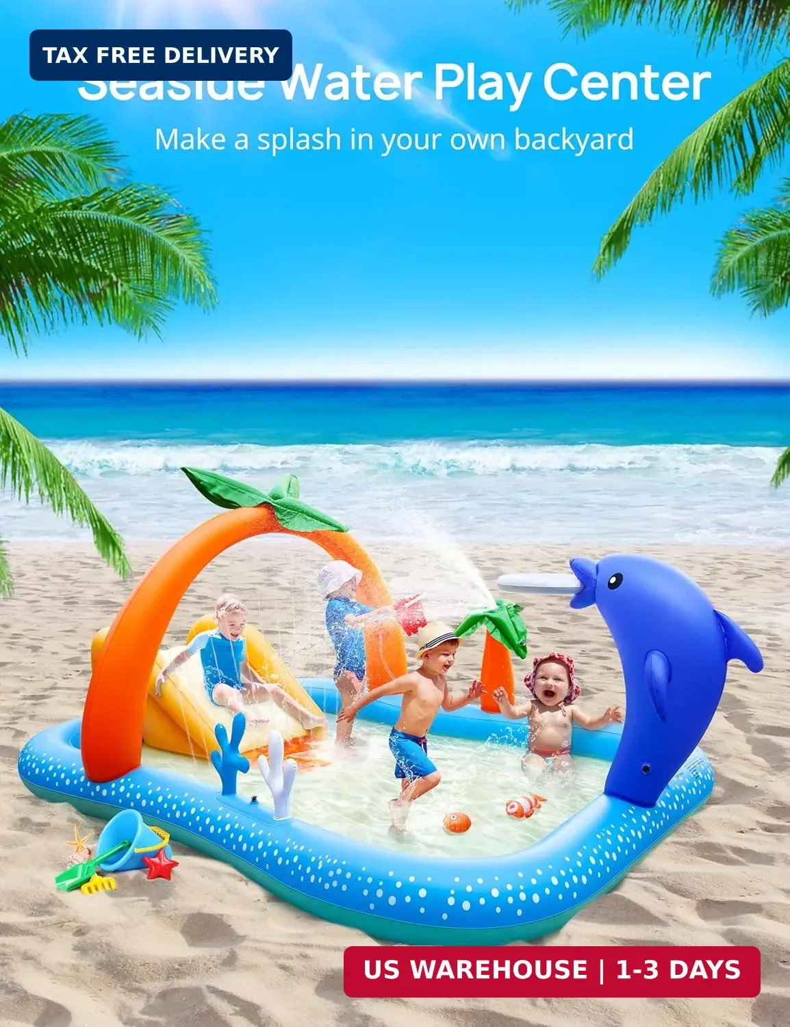 Kiddie Pool with Slide Inflatable Play Center Wading Lounge Kids Pool, Coconut P gallery