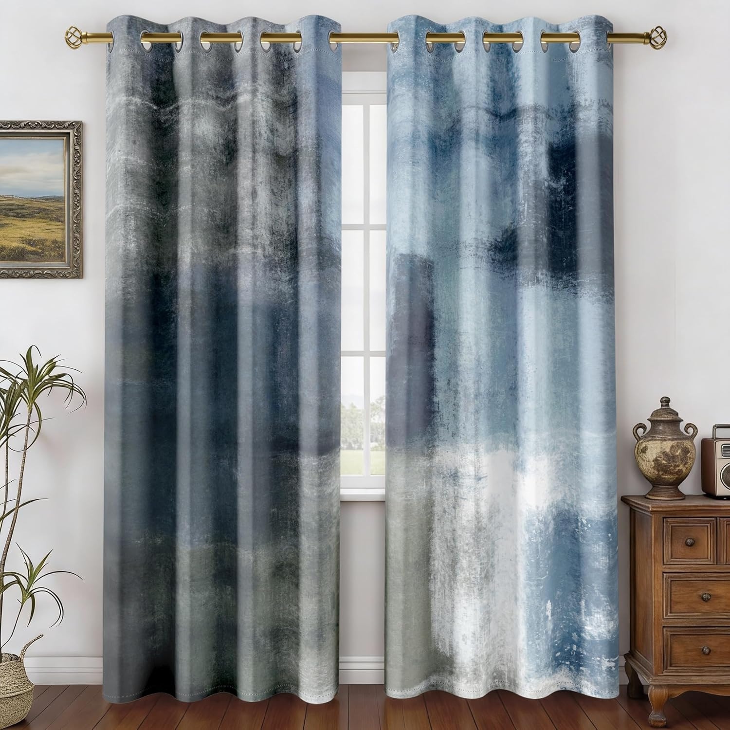 Dusty Blue Geometric Curtains - 2 Panels, 50% Darkening, Modern Chic 52x84 gallery