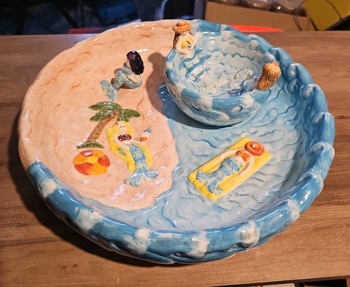 Mermaids Ceramic Chip and Dip Set 2 Pc Vintage Handpainted Cardinal inc gallery