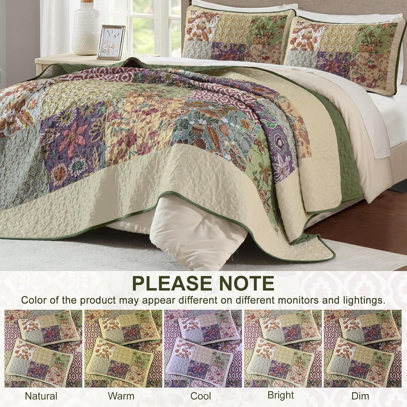 Patchwork Quilt Set King Size, Bohemian Floral Bedspread Green & Beige Coverlet gallery