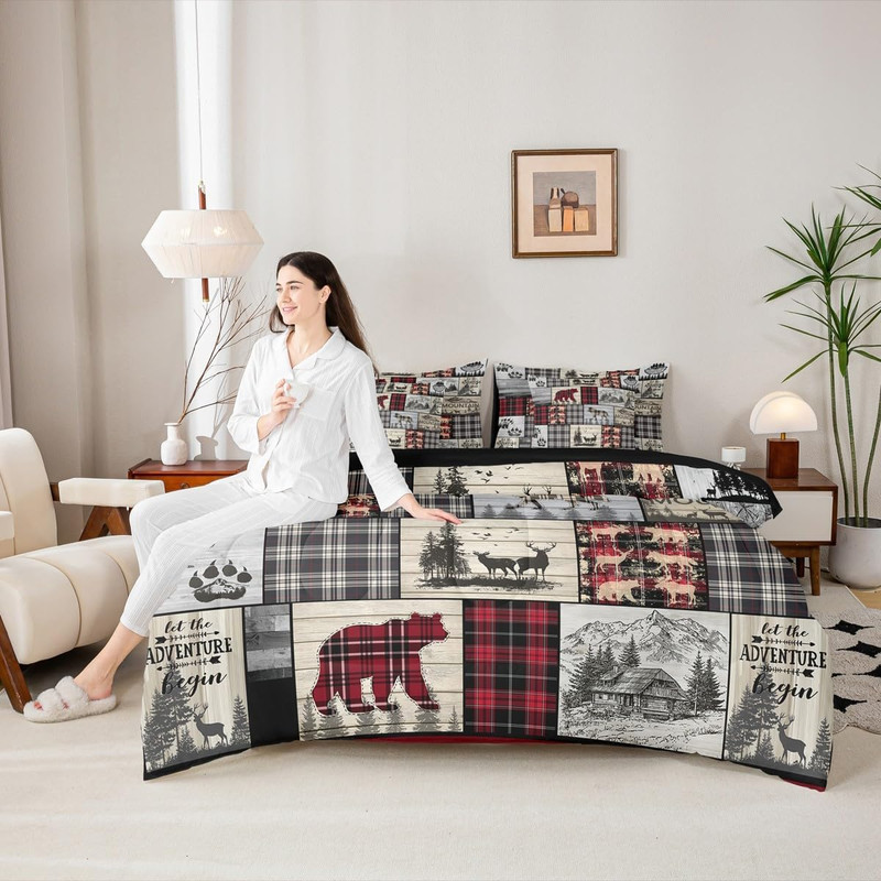 Rustic Cabin Queen Comforter Set 7 Piece Red Black Farmhouse Buffalo Plaid Beddi gallery