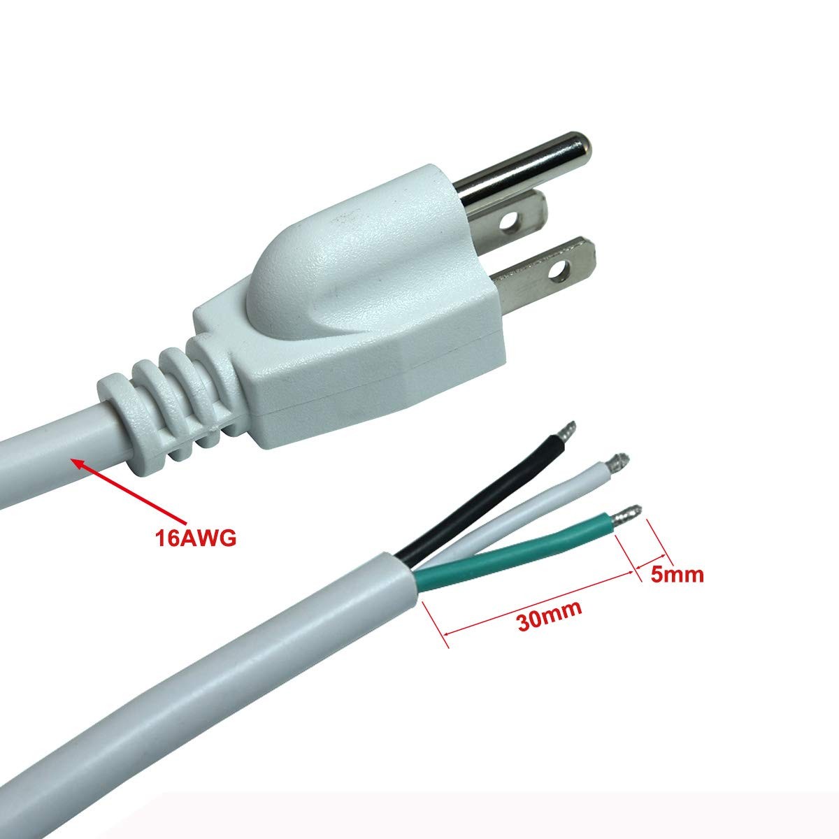 16/3 AWG 3 Prong AC Replacement Power Cord, Open End 10A 5FT UL-Listed White ... gallery