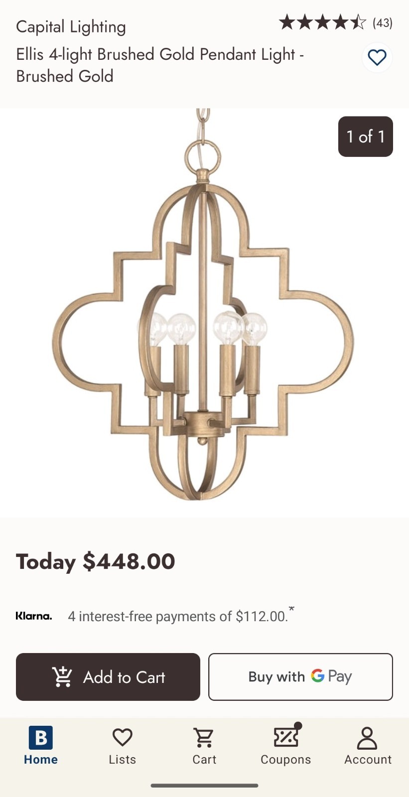 Capital Lighting Ellis 4-Light Brushed Gold Pendant, 18" Dia gallery