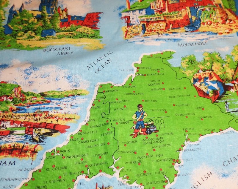 Cornwall and Devon tea or kitchen towel; cotton; map, landmarks; 29 x 18.5 in. gallery